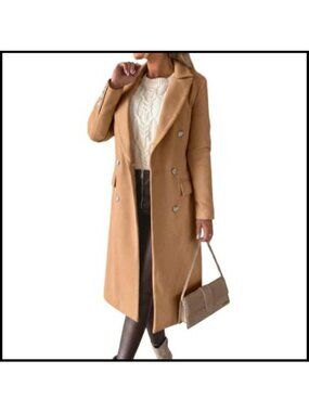 Women's Long Wool Trench Coat Double Breasted Notch Lapel Pea Coat